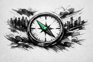 Imagem de um bussola com o norte marcado em verde. Ao redor imagens abstratas.