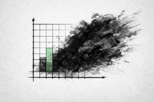 Gráfico conceitual comparando métricas de atribuição direta (barras definidas) com o impacto das atividades de RP (nuvem de influência expandida), ilustrando a importância da reputação no valor de mercado das empresas.