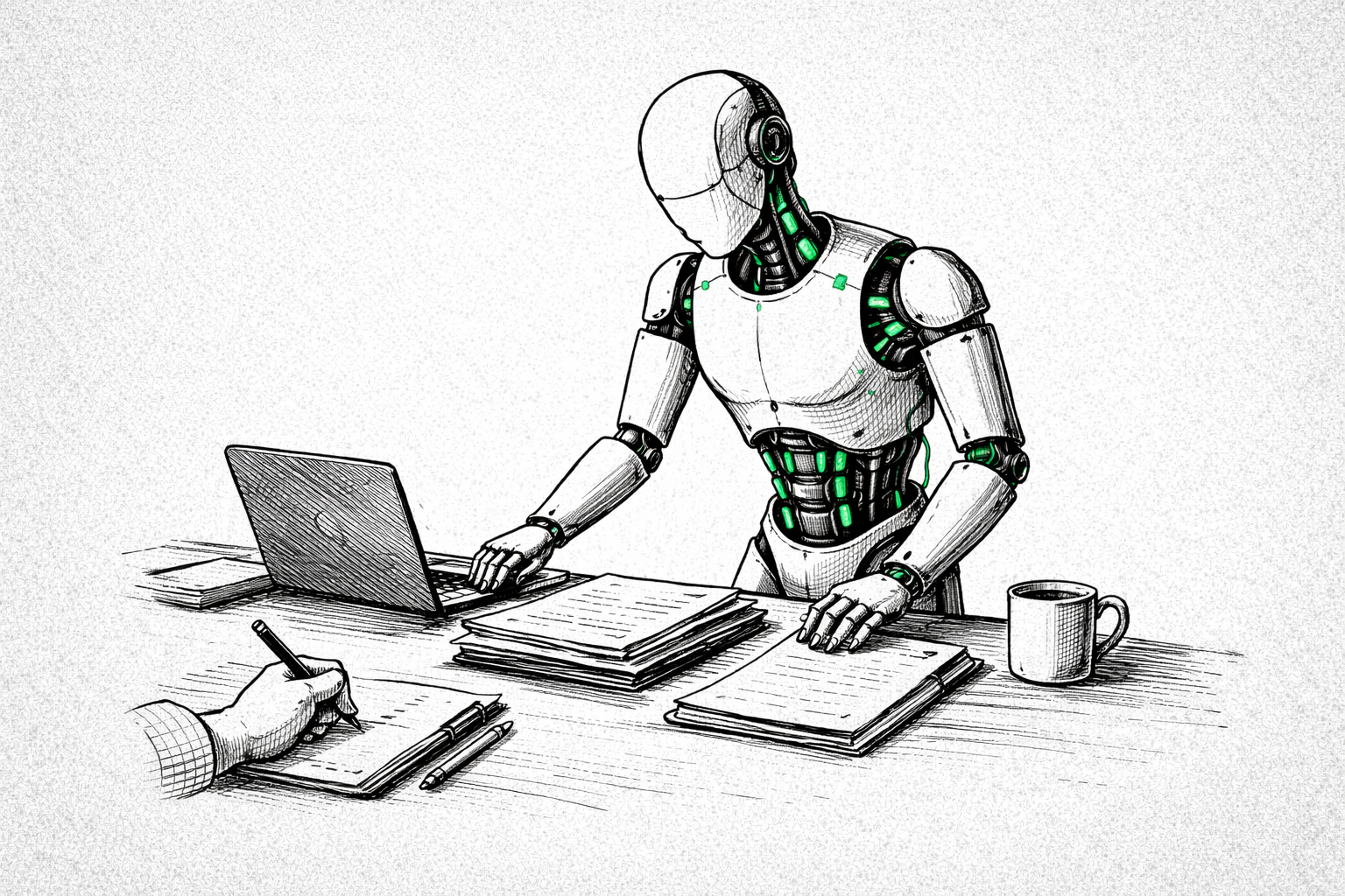 Ilustração editorial de um robô humanoide trabalhando em uma mesa com documentos, laptop e anotações, representando o uso da inteligência artificial como apoio estratégico às Relações Públicas.