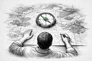 Ilustração em preto e branco de uma pessoa vista de cima analisando um mapa com uma bússola no centro